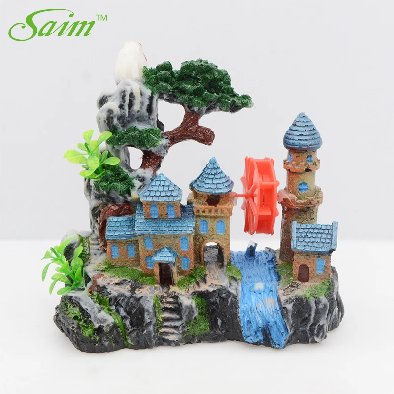 

Saim 7.5" Castle Aquarium Decoration Mountain View Aquarium Rockery Hiding Cave Fish Tank Ornaments Air Bubble Stone Accessories