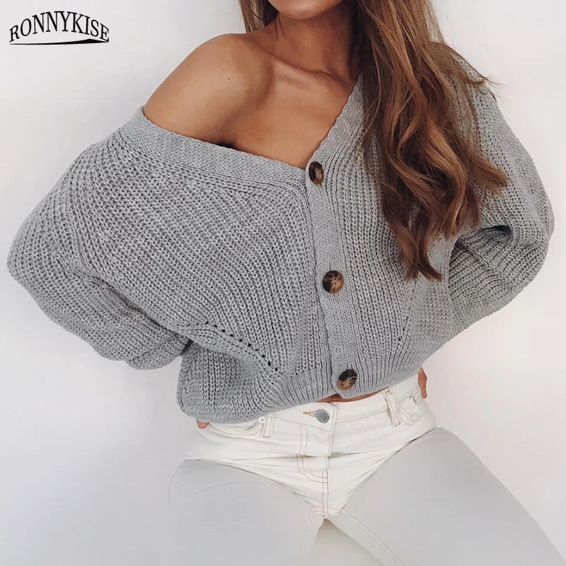 

RONNYKISE Solid Kintted Sweaters Women Fashion Sexy V-neck Long Sleeve Loose Sweater Cardigans Autumn Winter Warm Sweaters
