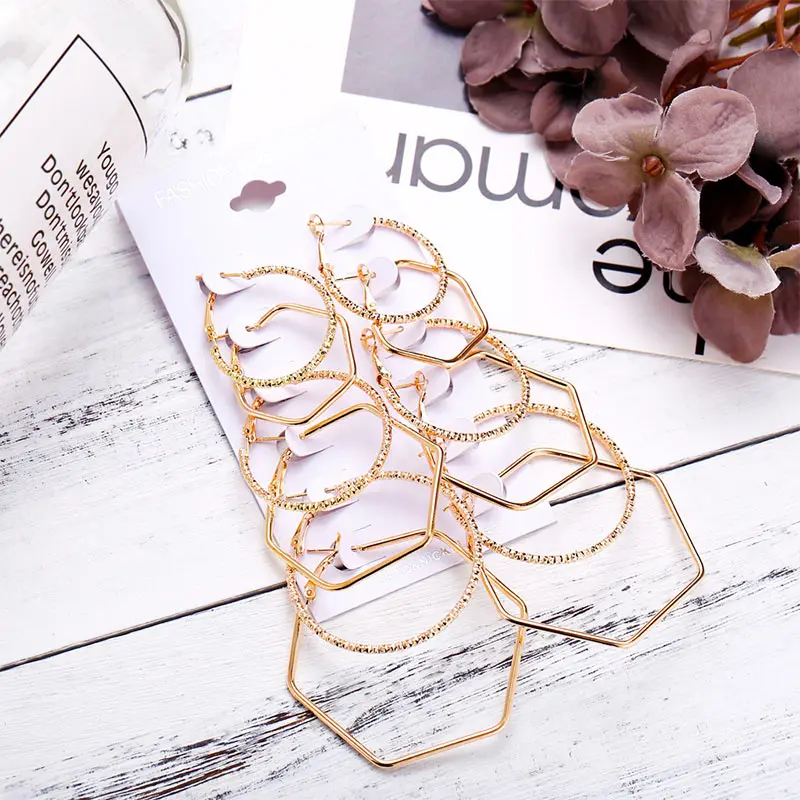 

Gold Geometric 6Pairs Big Steampunk Earrings Clip Ear Hoop Vintage Women Circle