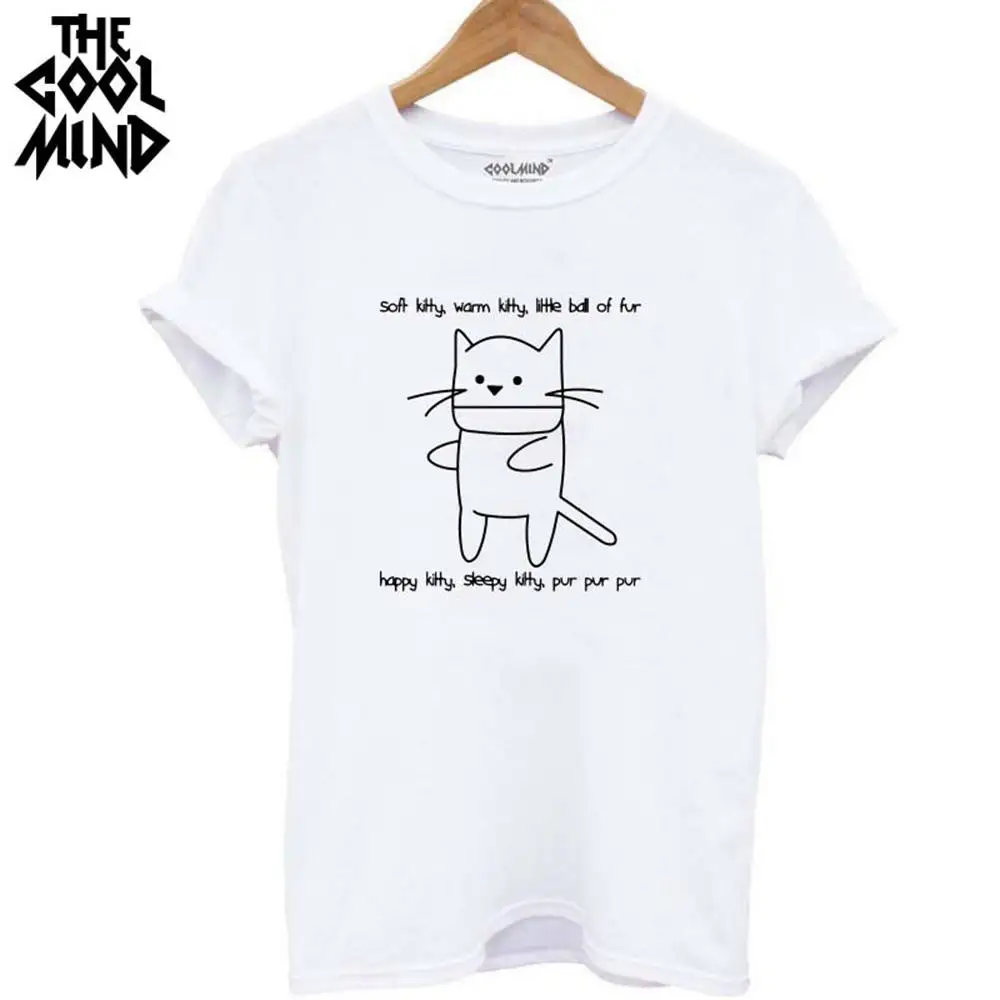 COOLMIND CA0246B хлопок Летняя женская футболка с принтом кота повседневная женская футболка с коротким рукавом женская Свободная летняя футболка - Цвет: blk