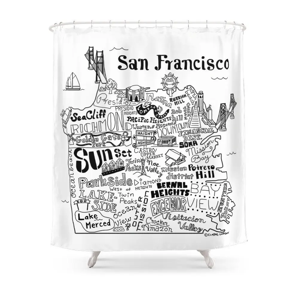 San Francisco Map Illustration Shower Curtain Set Waterproof Fabric Bath For Bathroom With Non-slip Floor Mat | Дом и сад