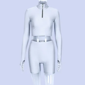 

2 Piece Set Sportswear Summer Long Sleeve Shorts Set Two Piece Suit Girls Sport Suit Women Sexy Outfit Short Silver Hoodie Set