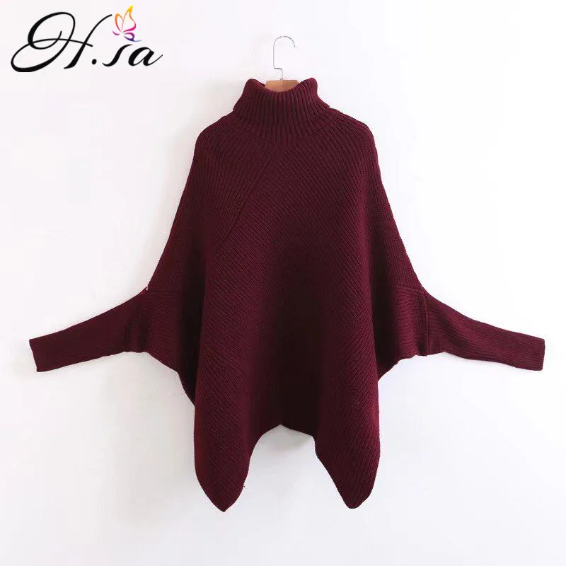 

H.SA Women Autumn WinterTurtleneck Sweaters Batwing Sleeve Oversized Sweater Poncho Pullover and Sweater Jumpers Irregular Pull