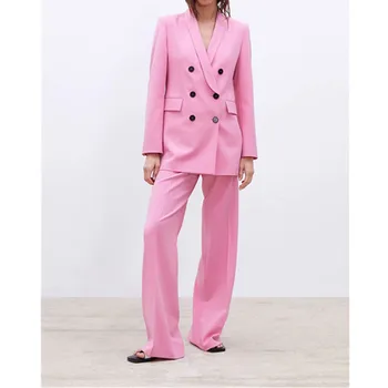 

Pink double-breasted V-neck suit two-piece suit (jacket + trousers) women's fashion casual blazer with trousers set custom made