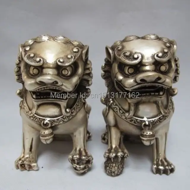 

Chinese Tibet silver carved guard Foo Dogs Lion pair statues Garden Decoration Bronze Finish Buddha Healing Statue