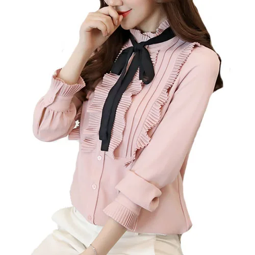 Women 2018 Fashion Pink White Ruffles Chiffon Blouse Long Sleeve Bow Tie Office Ladies Shirt Elegant