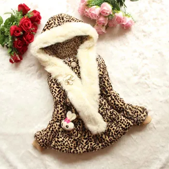 

2015 Girls Winter Leopard Faux Fur Coat Kids Toddler Furry SCARF Outerwear Children Thick Warm hooded Jacket coat