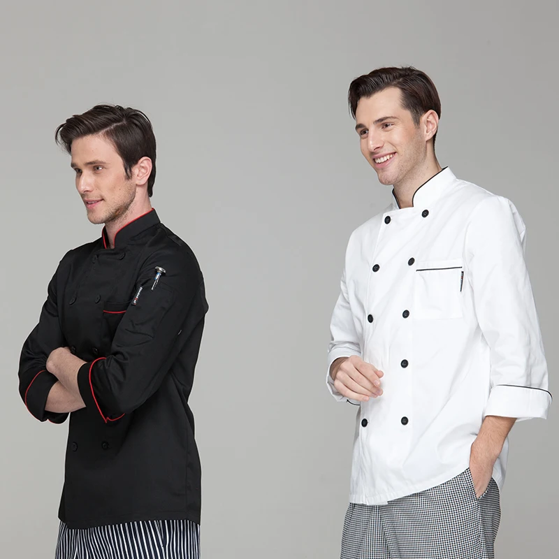 Мода ресторан гостинца кухня повар пиджак куртка форму двубортная пуговица полный рукав черный белый универсальный мужчин и женщин