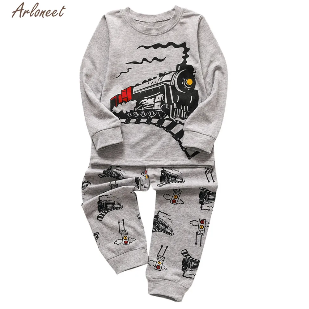 Одежда arloneet/милый топ с рисунком поезда для мальчиков и девочек, штаны Детский комплект повседневной хлопковой одежды с длинными рукавами, 2 предмета, на день рождения