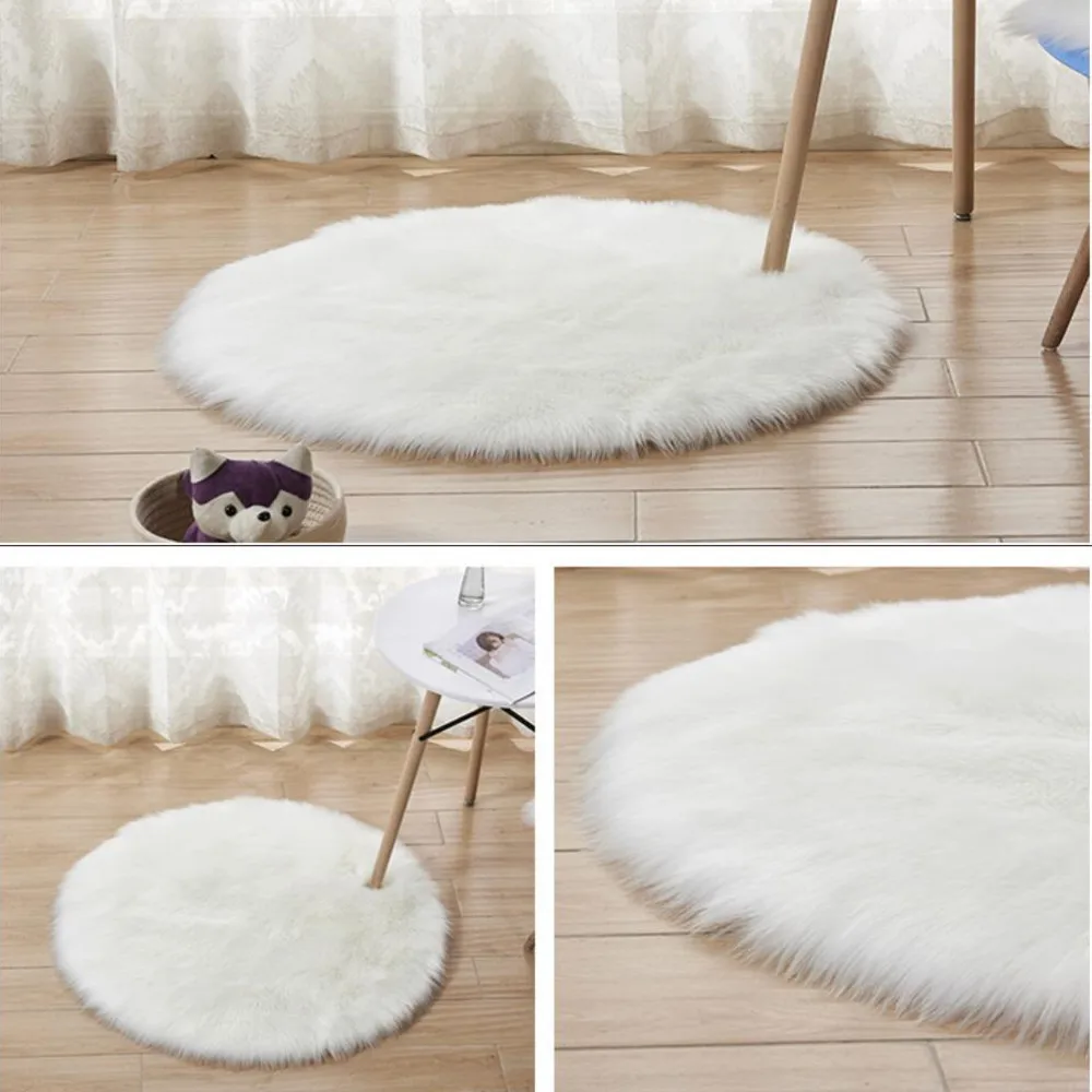 White Round Artificial Sheepskin Rug - Fluffy Rug for Living Room and Bedroom by SunnyRain image 3