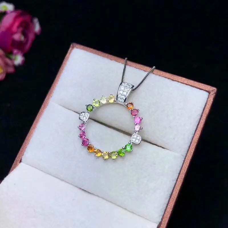  Collier pendentif en tourmaline multicolore naturel circulaire S925 argent collier de pierres préci