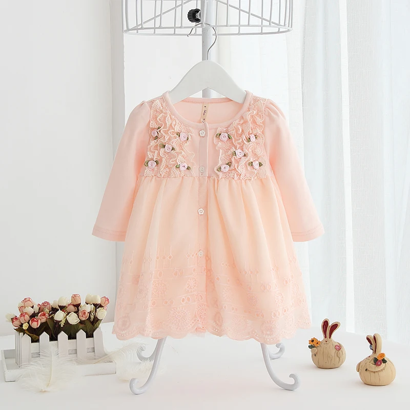 Новое Кружевное Хлопковое платье для маленьких девочек милое розовое платье принцессы с цветочным рисунком и пуговицами из тюля весенняя одежда для малышей 9 мес.-2 года
