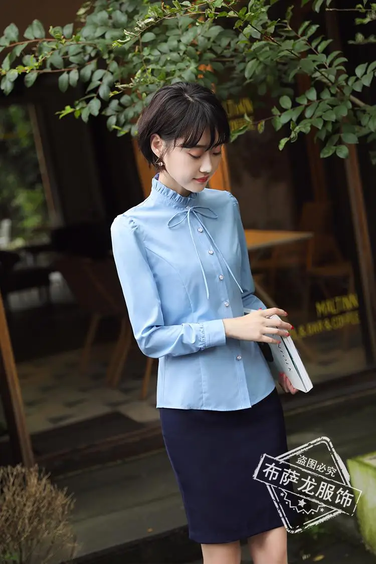 Женская блуза с длинным рукавом и воротником стойкой в розовом цвете|bow tie tops|ladies