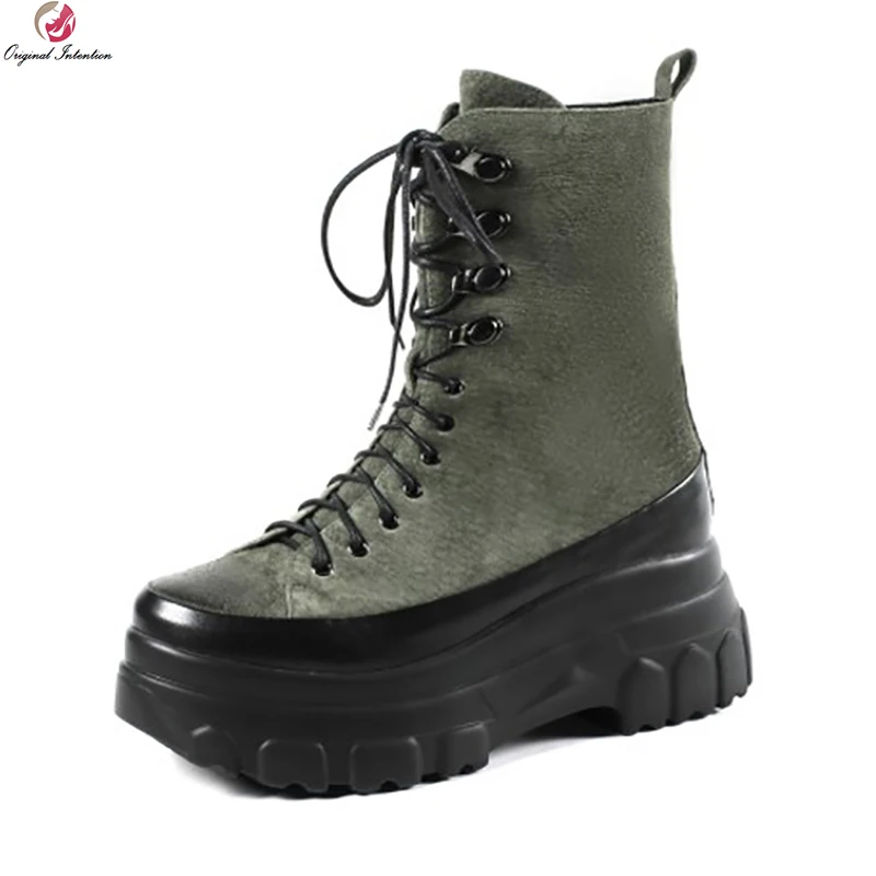 

Original Intention New Quality Women Boots Genuine Leather Round Toe Boots Fashion Red Green Shoes Woman Plus US Size 4-10