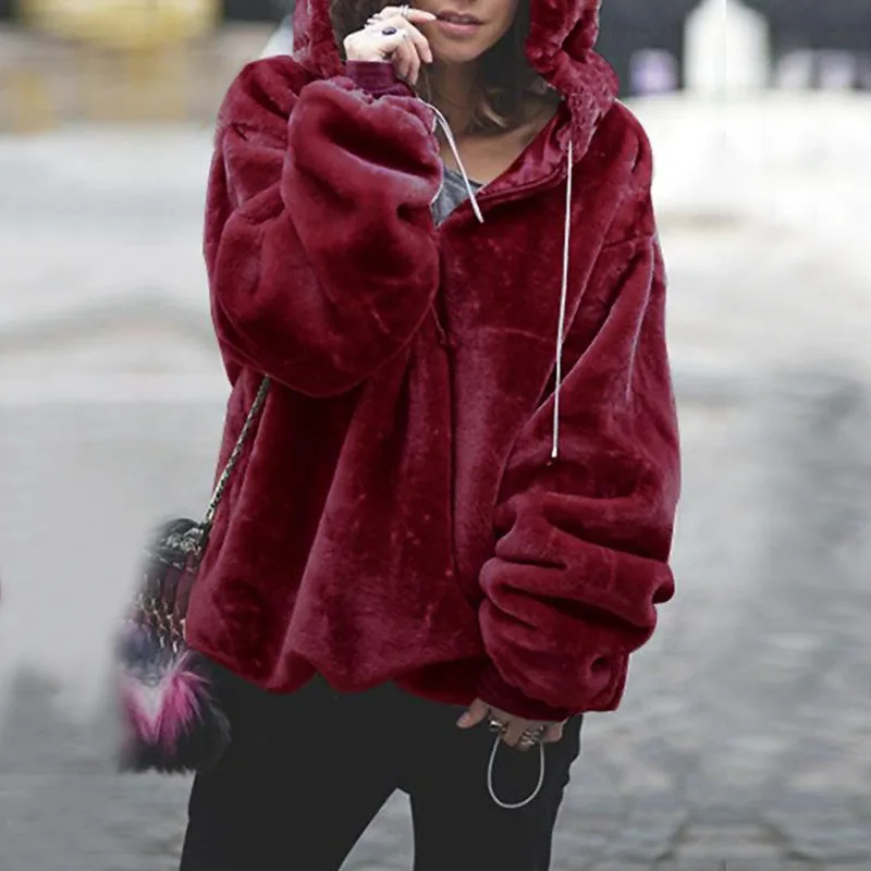 Gladiolus 2018 Autumn Winter Faux Fur Coat Women Long Sleeve Zipper Furry Loose Warm Hooded Jacket Women Coat Fashion Overcoat (21)