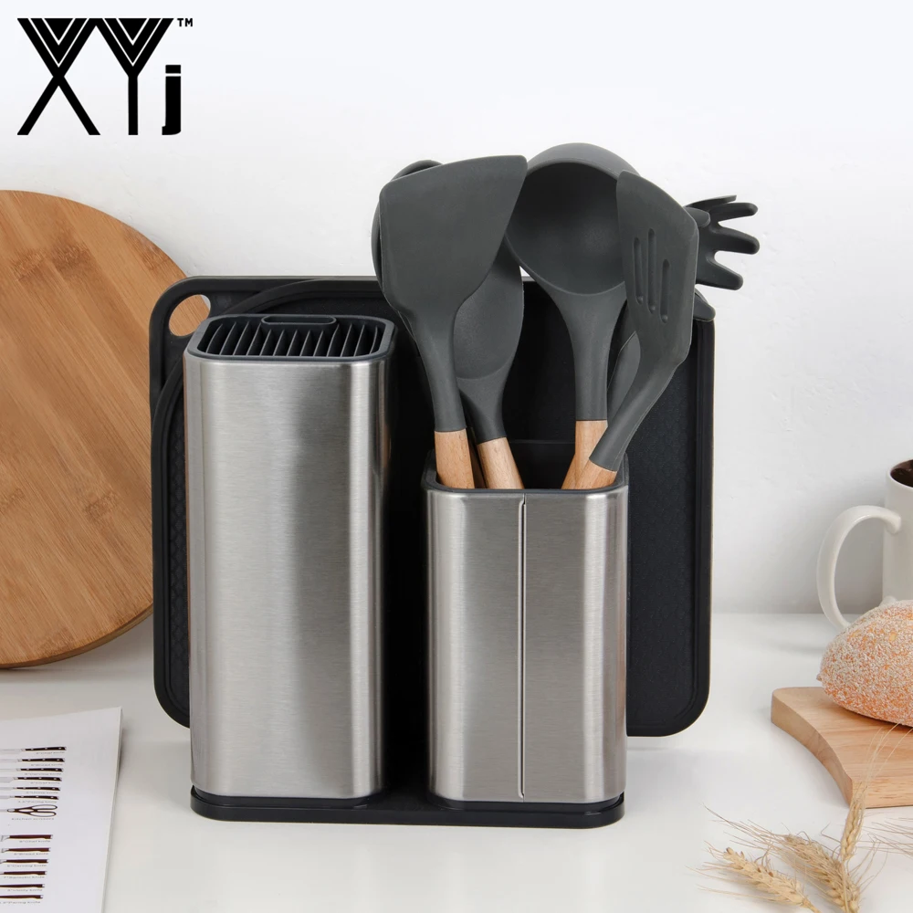 

XYj Silicone Kitchenware Set BPA Free Silicone Natural Acacia Hard Wood Handle Kitchen Cooking Tool Block Stand Knife Holder
