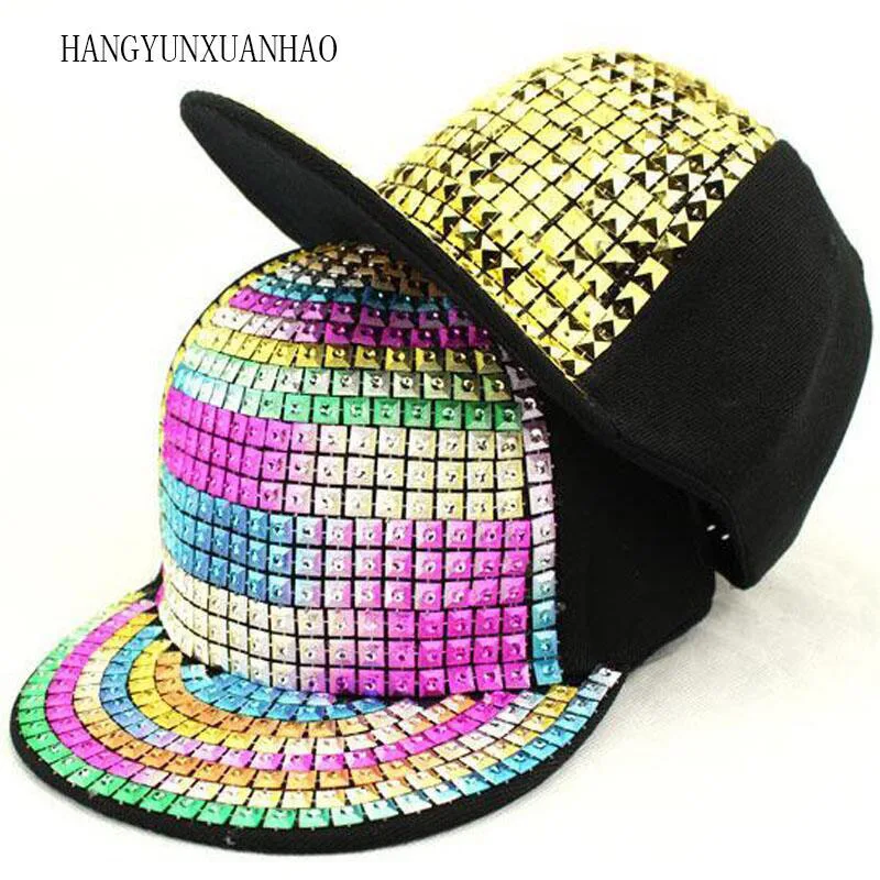

Personality Sequins Baseball Caps Flat Brim Outdoor Hats Girls Boy Bling Punk Snapback Cap Jazz Rock Cool Hip Hop Cap