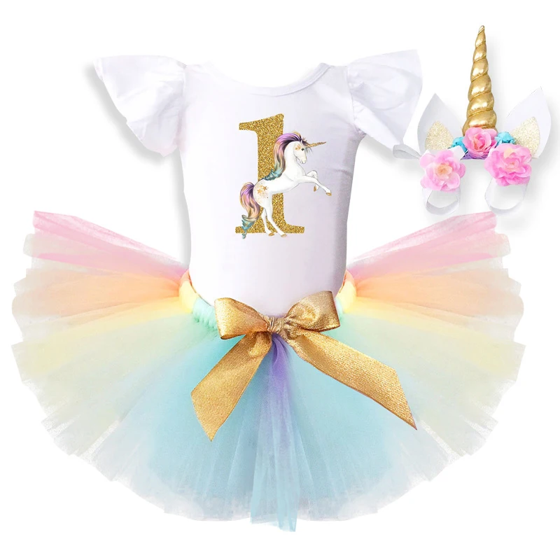 Комплект одежды для новорожденных девочек, 1 день рождения, единорог комбинезон, юбка, комплекты одежды, одежда для малышей, хлопковый костюм, летняя одежда