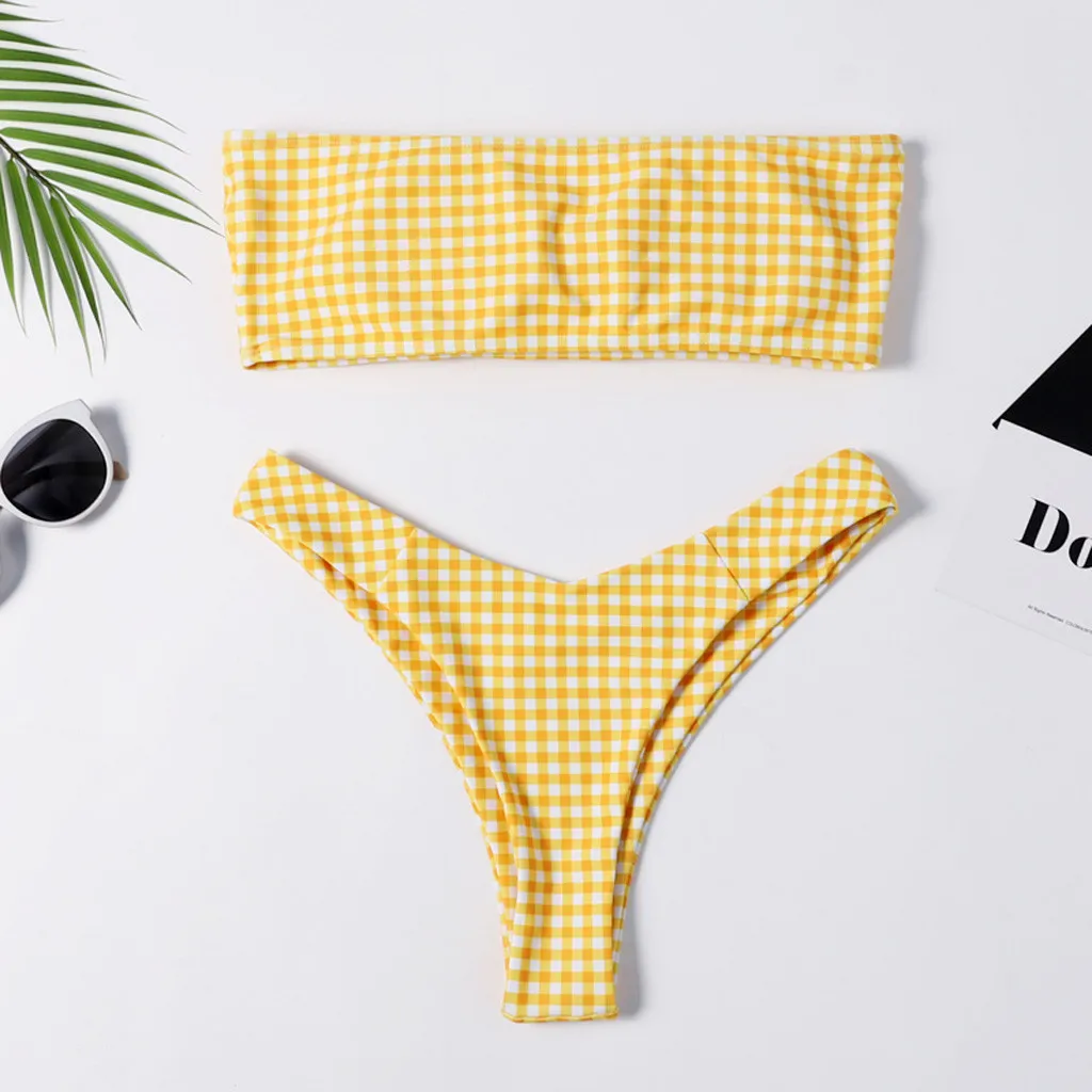 

ISHOWTIENDA Tube Top Two Piece Suits Plaid Swimwear Women Bikini Set Push Up High Waisted Swimsuit Women's Swimming Suit #517