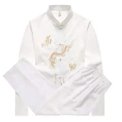 Мужская рубашка с длинными рукавами и брюки китайский традиционный Мандариновый воротник кунг-фу комплект азиатской вышивки дракона тайчи Тан костюм Размер m-xxxl - Цвет: Белый