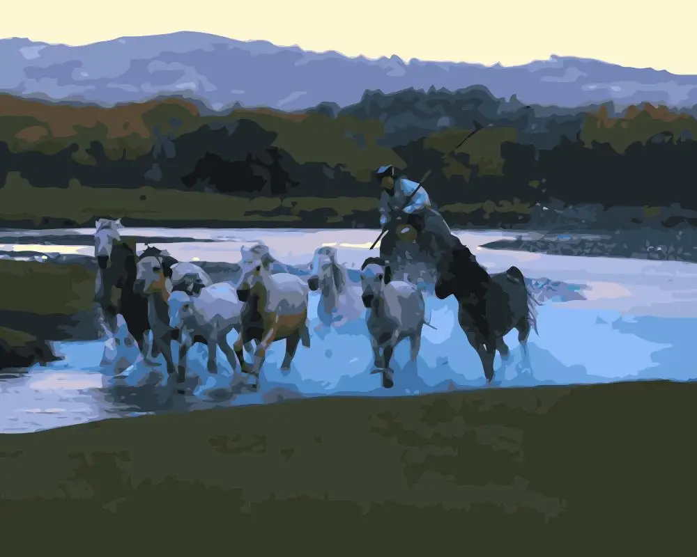 MaHuaf-j074 Horses wading water DIY oil painting by numbers Hand Painted Acrylic Picture coloring by numbers on canvas 