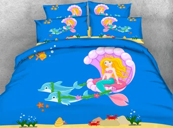 

JF-069 Ocean blue fabric Dolphin and Little mermaid print 3D bed set full size list