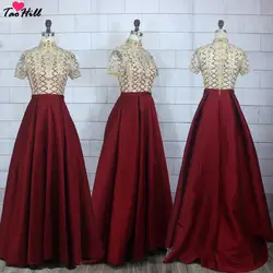 TaoHill вечернее платье с коротким рукавом трапециевидной формы закрытый ворот Бисероплетение и кристаллы Темно-Красный Формальные Длинные