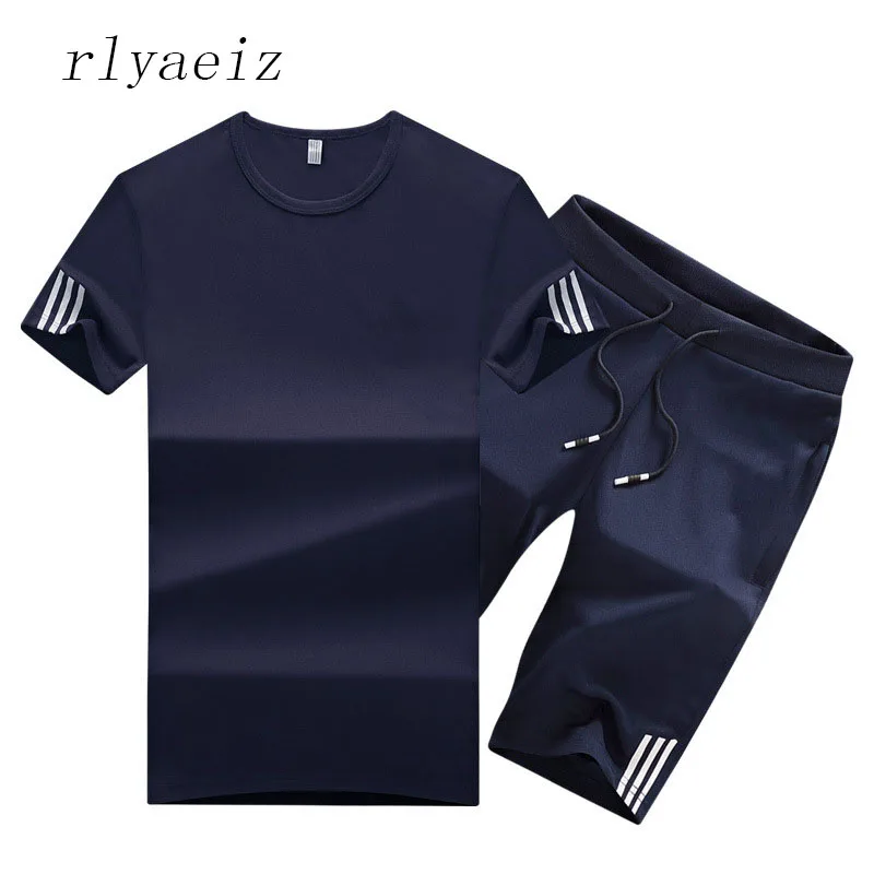 

Rlyaeiz Oversized 6XL Casual Sporting Suit Men 2018 Summer Thin Set Men Tracksuit Striped T shirts + Shorts Sets Male Sweat Suit