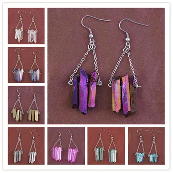 

KFT Wholesale Natural Titanium Coated Crystal Quartz Irregular Shape Rock Crystal Drop Dangle Stone Earring For Women Jewelry
