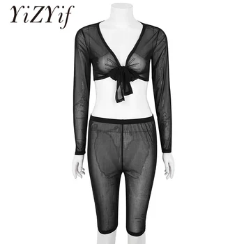 

Women Mesh Beach Bikini Sexy Swimsuit See Through Sheer Deep V Neck Long Sleeves Front Tie Crop Top with High Waist Short Pants