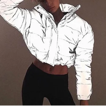 

2019 Women Cropped Bomber Jacket Fashion Spring Autumn Young Lady Reflection Coat Female Loose Zipper Outwear Cool Streetwear