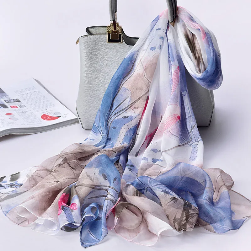 Настоящий шифоновый шелковый шарф для женщин китайский натуральный шелковый платок для женщин роскошный брендовый шелковый шарф большого размера с принтом - Цвет: Color 6