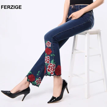 

FERZIGE Woman Jeans Boot Cut Embroidered High Stretch Womens Flared Pants Ladies Flowers Embroidery Blue Jeans Mujer Femme Jeans