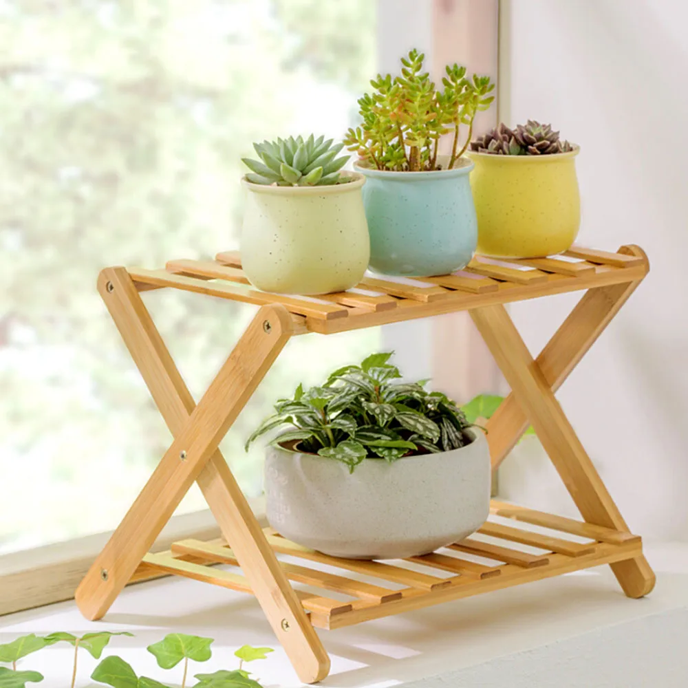

Wood Double Layers Flower Stand Folding Succulents Plant Bonsai Shelf Home Decor Balcony Flowerpot Shelf