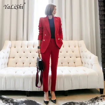 

2 Piece Set Autumn Women Red Long Sleeve Turn-down Collar Elegant Party Work Top and Full Length Office Lady Pants Two Piece Set
