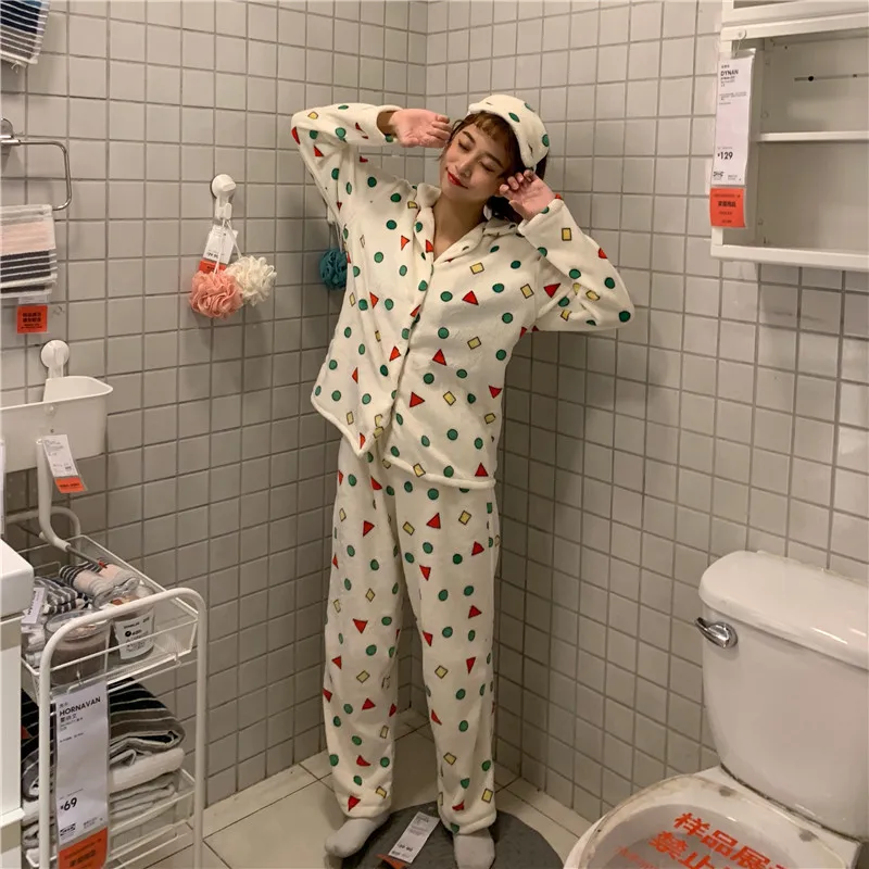 Пижамные комплекты для женщин с отложным воротником и принтом Kawaii, комплект домашней одежды для женщин, зимняя фланелевая Милая пижама из двух предметов с длинным рукавом - Цвет: white