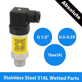 

sensor pressure 0.5 to 4.5V, 5Vdc supply, 100 KPa, 1 bar absolute, thread G1 2, 1.5% accuracy, stainless steel 316L wetted parts