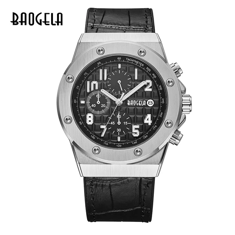 BAOGELA Homme Nouveau кварцевый браслет Montres, Chronographe, дизайнерский, светящийся, мужской, Cuir браслет, Relog - Цвет: BGL1805 silver Black