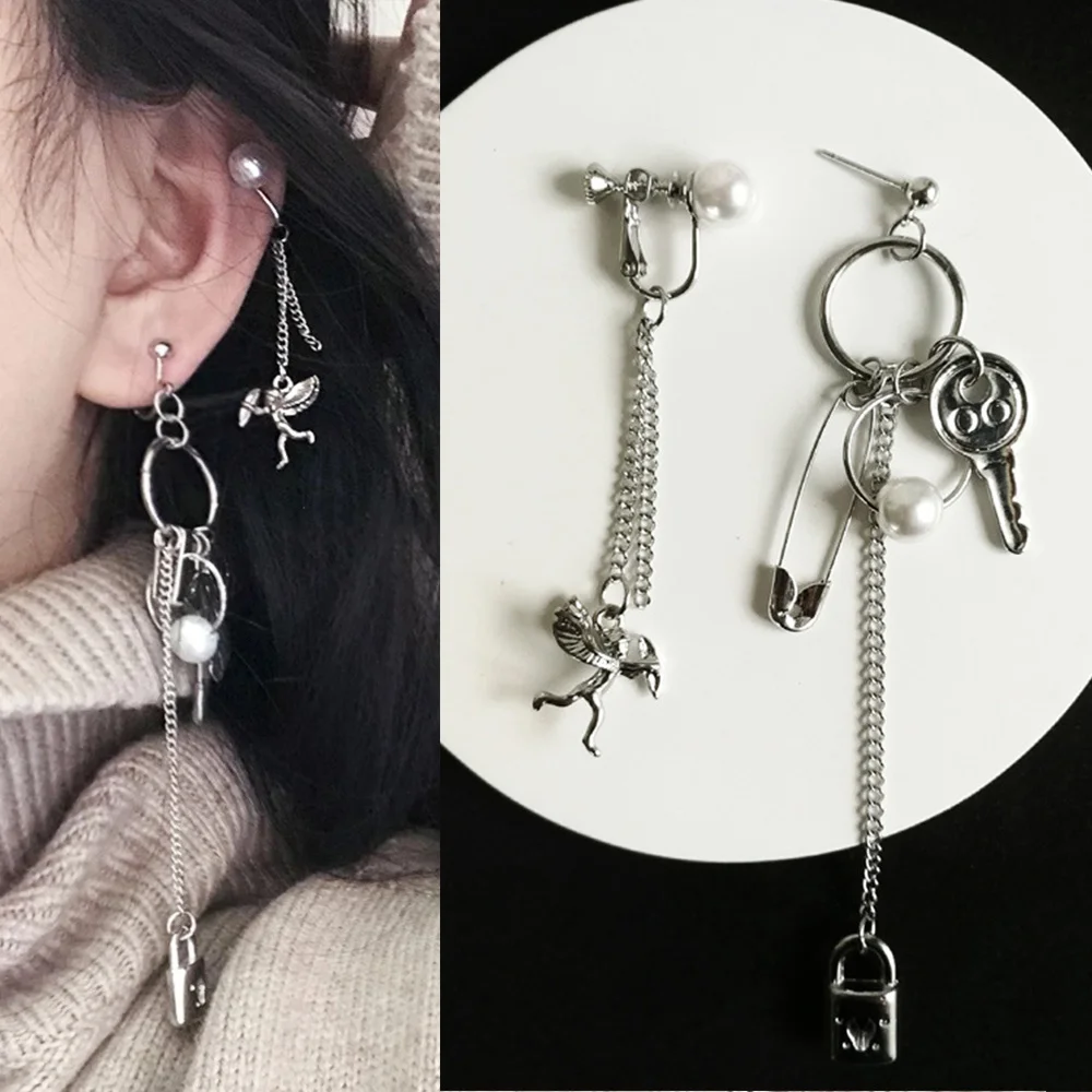 

Angel Heart Cupid Pearl Clip on Earrings Women Lock Key Stud Earrings Pearl Hoop Pendant Chain Tassel Drop Earring Cuff Earrings