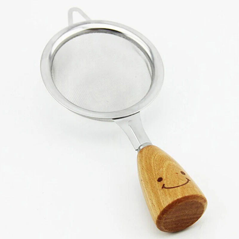 New High Quality Wooden Handle Stainless Steel Fine Mesh Strainer Sieve Smiley Wooden Handle Kitchen Tool Colanders Strainers DA