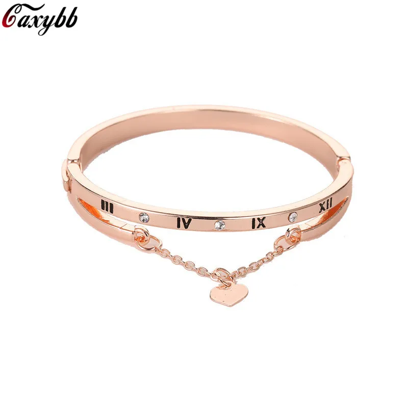 

Heart Charm Elegant Bangle Bracelet For Women Rose Gold Color Stainless Steel Stellux Austrian Crystal With Roman Letter