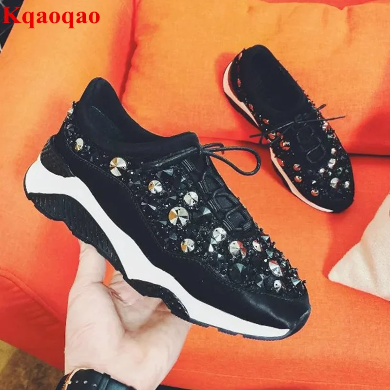 

Hot Women Sneakers Round Toe Lace Up Casual Shoes Crystal Embellished Low Top Zapatos Mujer Fashion Designer Shoes Woman Flats