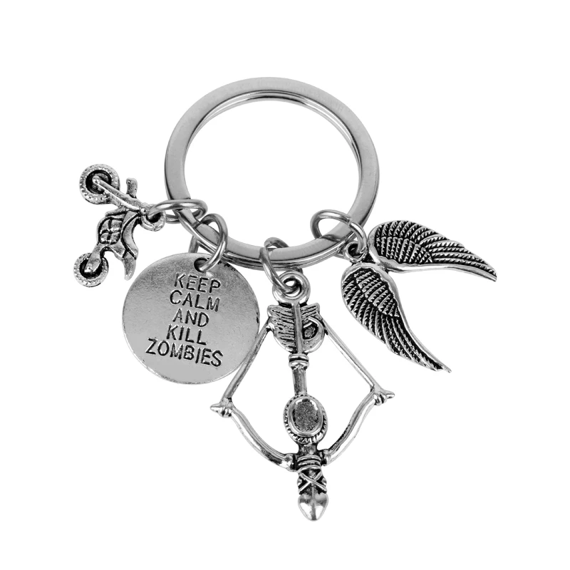 

MQCHUN Keep Calm And Kill Zombies Key Chain Ring Daryl Motorcycle Zombie Crossbow Wing Keyring Movie The Walking Dead Keychain
