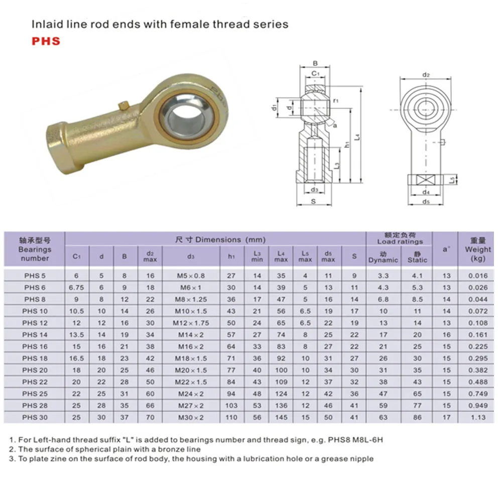 PHS10EC 10mm Hembra Rod End Bearing conjunta de Rosa M10 Derecho Mano Libre De Mantenimiento 