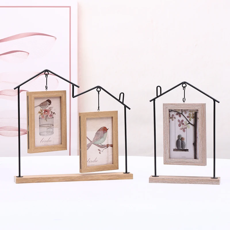 Home Decor House Shape Wood Wooden Picture Photo Frames Hanging Frame Desktop Decorin Frame