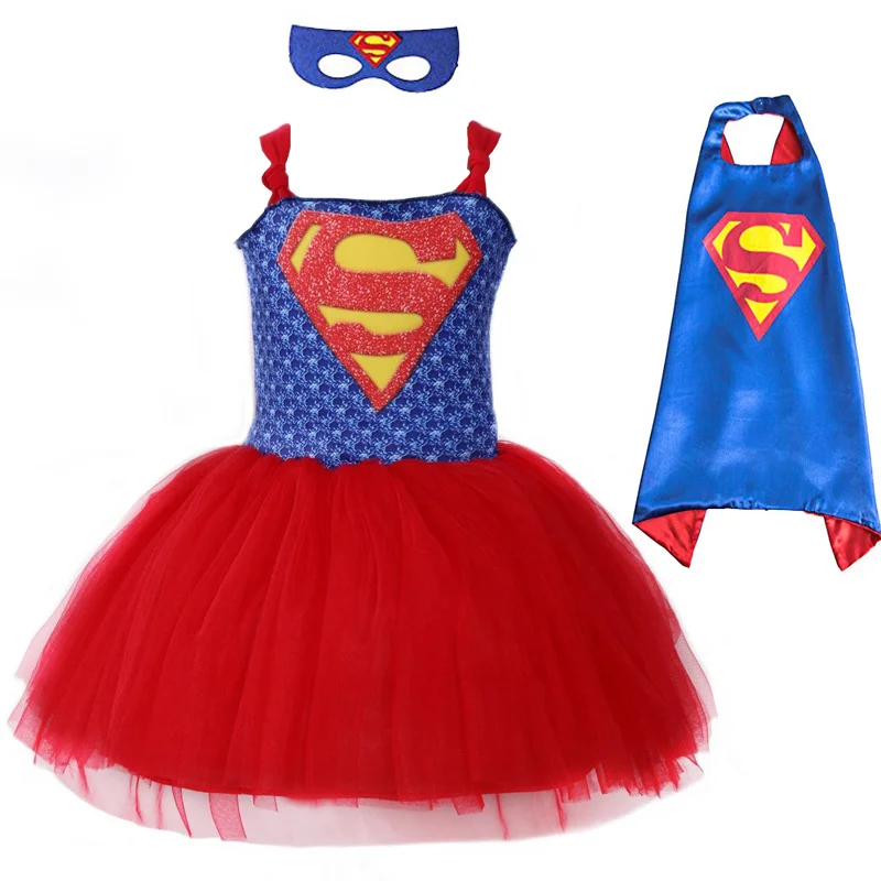 

Retail Halloween Summer Superman Girls Tutu with Mask Super Hero Inspired Baby Costume Kids Cosplay Christmas Moana Dress cloak