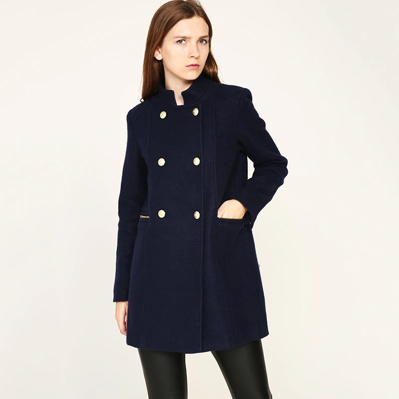 Женское зимнее пальто на пуговицах с большим меховым воротником|designer coat|navy