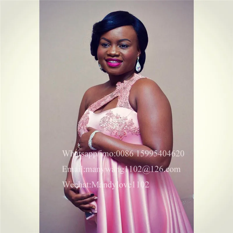 Блестящие Розовые аппликации кружевные платья на выпускной для беременных женщин Длинные одно плечо Африканский вечернее платье для беременных Vestido de Festa