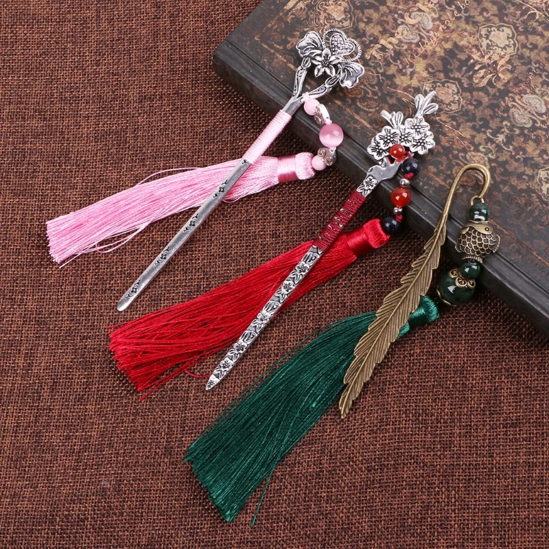 Chinese Style Vintage Antique Metal Bookmark Handmade Weave Long Tassel Beads Traditional Book Mark School Office Supplies