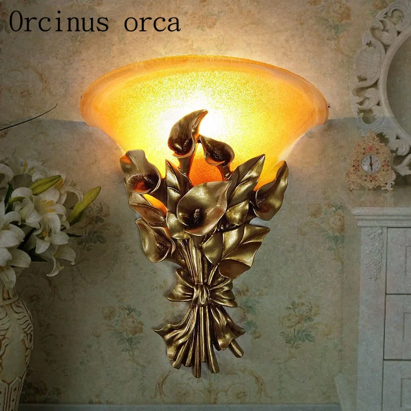 

American garden golden calla wall lamp living room bedroom corridor resin engraving LED wall lamp free shipping